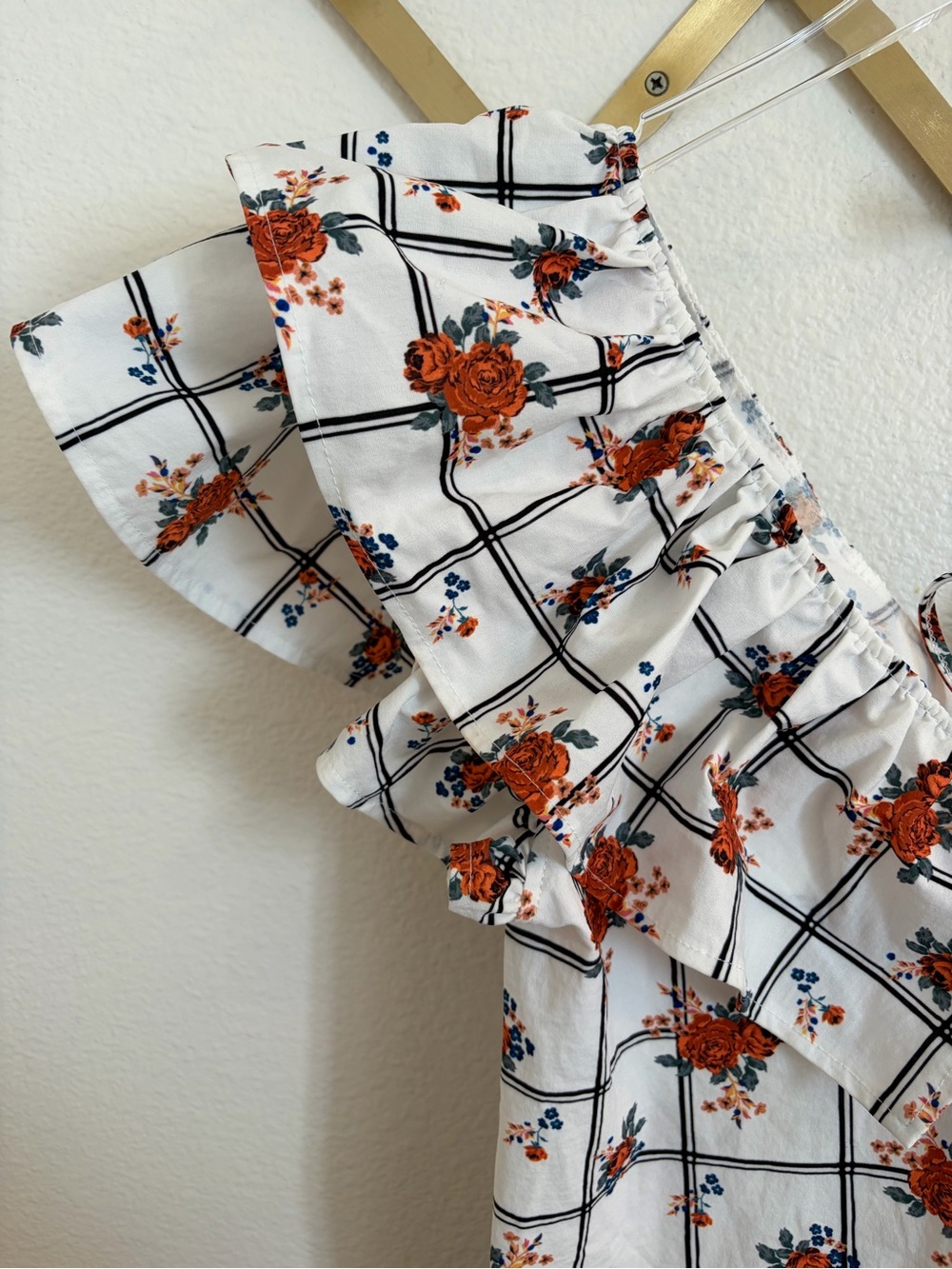 Zara White Floral Grid Ruffle Sleeve Midi Dress Large - Picture 10 of 12